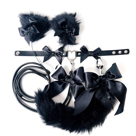 Black Cat Tail Plug Cat Tail Plug And Ears Kitten Collar With Leash For Pet Play Tail Anal