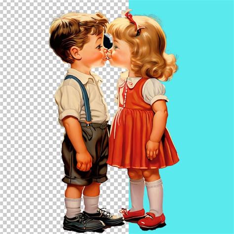 Cartoon illustration of a kiss between two young kids | Premium AI-generated PSD