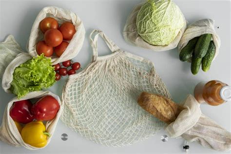 Vegetables Fruits In Reusable Eco Cotton Bags On Table Zero Waste