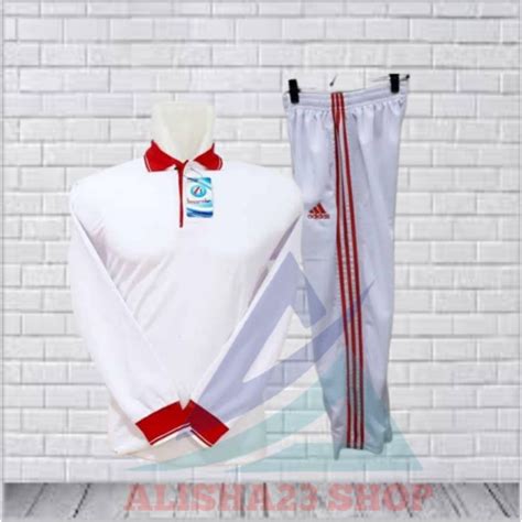 Jual Setelan Kaos Kerah Lengan Panjang Merah Putih Stelan Training