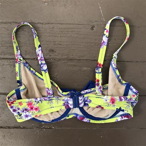 Vibrant Lime Green Floral Bikini Top With Blue Depop