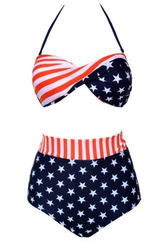 Chic American Flag Printed Halter High Waist Bikini For Women