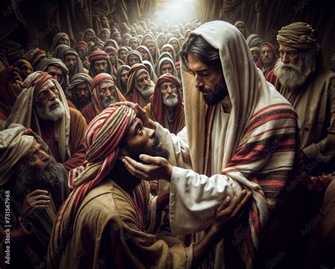 Jesus heals a blind man - Bible miracle Stock Illustration | Adobe Stock