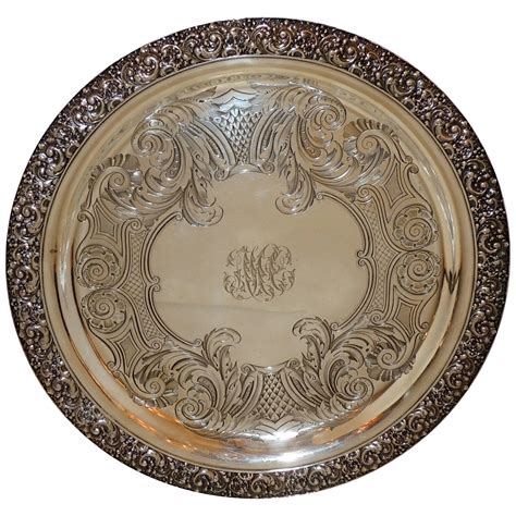 Tiffany Sterling Silver Engraved Round Footed Serving Tray Platter ...