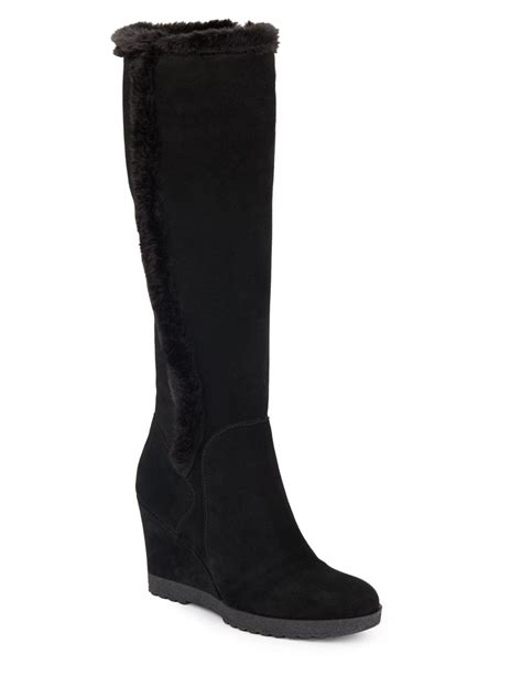 Aquatalia Curran Faux Fur Trimmed Suede Tall Wedge Boots In Black Lyst