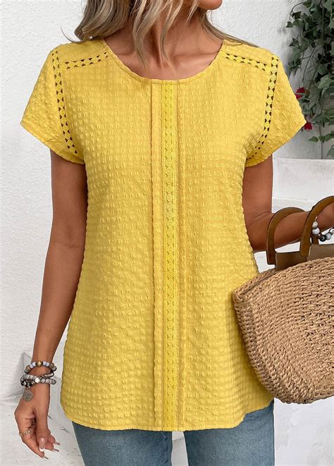 Rotita Patchwork Yellow Round Neck Short Sleeve Shirt Rotita