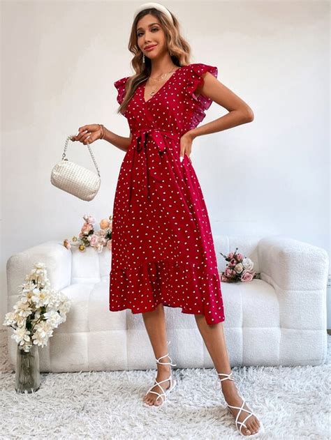 SHEIN VCAY Vestido con cinturón con estampado de corazón ribete con