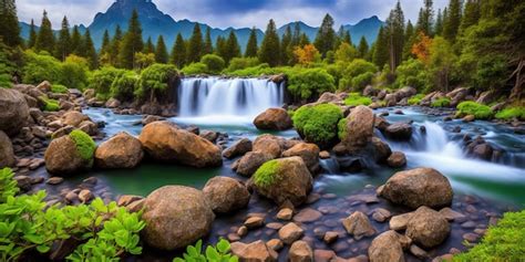 Premium AI Image | A waterfall in a forest with mountains in the background