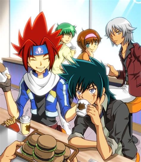 The Older Beyblade Gang Madoka Tsubasa And Gingka From Beyblade Shogun Steel Kenta And