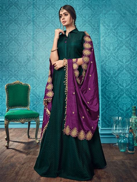 Bottle Green Silk Designer Anarkali Suit With Embroidered Dupatta