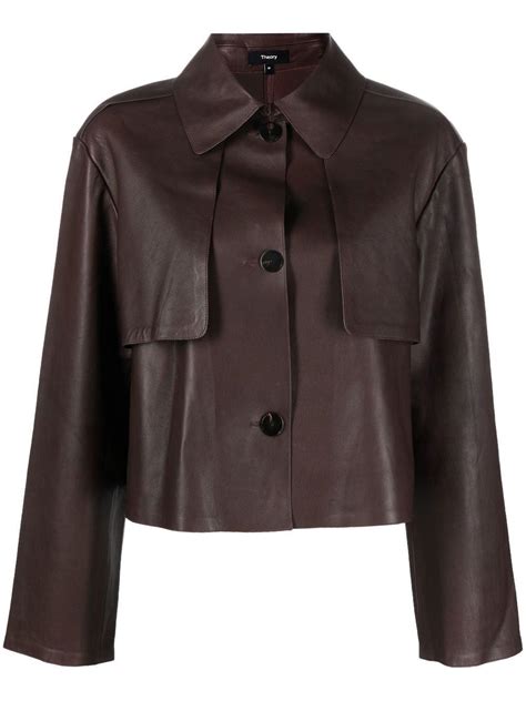 Theory Cropped Leather Trench Coat In Brown Lyst