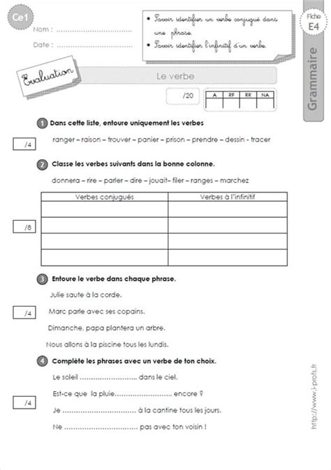 Ce1 Evaluation Le Verbe Grammaire