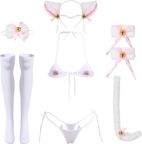 IBAKOM Women S Cute Cat Lingerie Japanese Anime Cosplay Kawaii Lolita Halter Strappy Micro