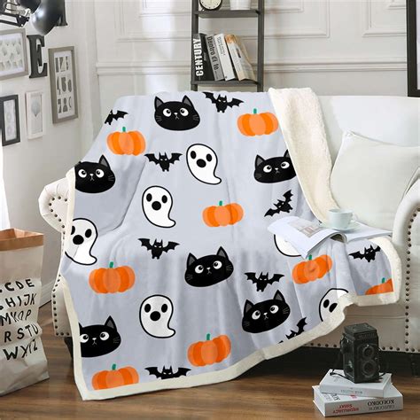 Cartoon Ghost Halloween Fleece Blanket Throw Size Kawaii Cat Spooky Bat