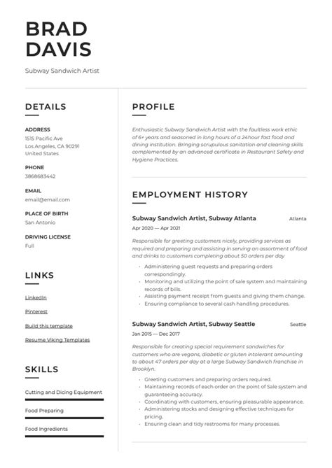 Subway Sandwich Artist Resume Examples And Guide Free Downloads