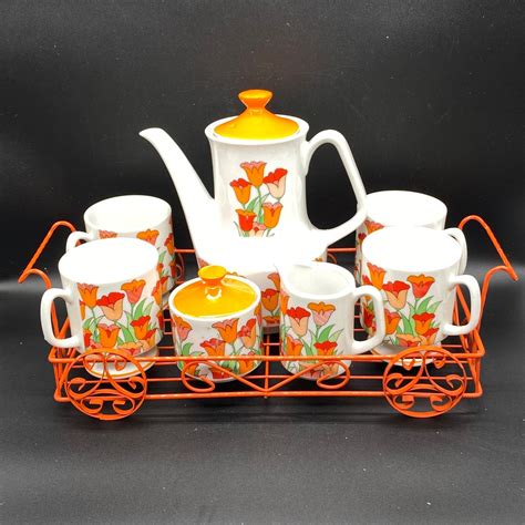 Retro Orange White Floral Coffee Teapot Creamer Sugar Set Mugs Caddy