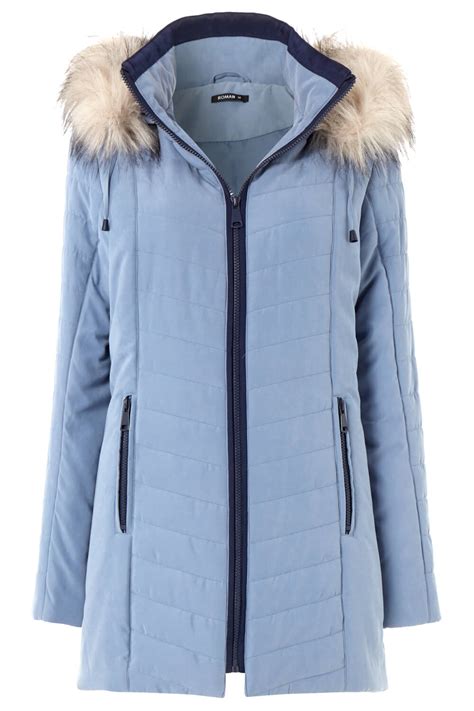 Faux Fur Trim Padded Coat In Light Blue Roman Originals Uk