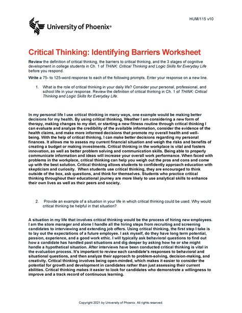 Hum V Wk Critical Thinking Identifying Barriers Worksheet Hum