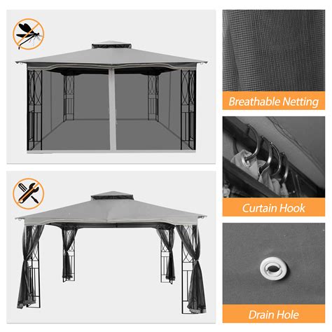 Gartooo 10 X 12 Outdoor Gazebo Double Roof Waterproof With Netting Grey