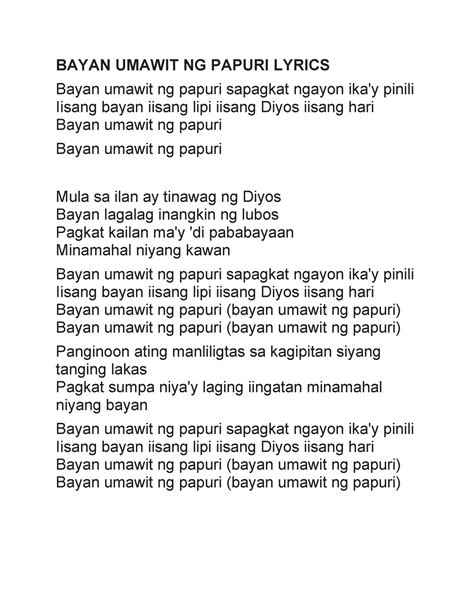 Bayan Umawit Ng Papuri Lyrics Bayan Umawit Ng Papuri Lyrics Bayan