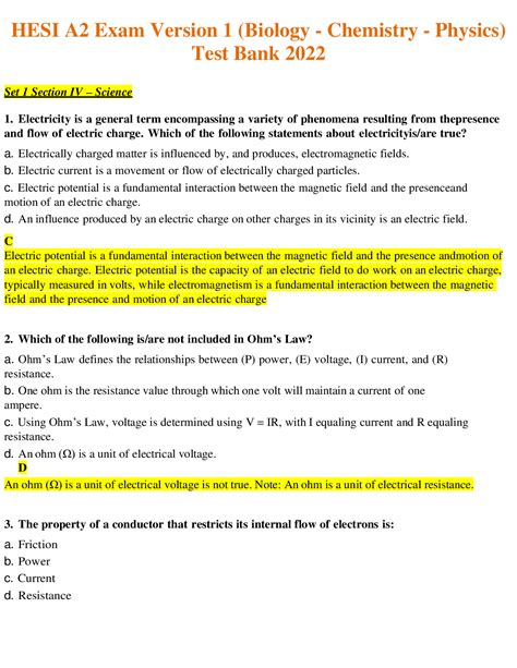 Hesi A2 Exam Version 1 Biology Chemistry Physics Test Bank 2022