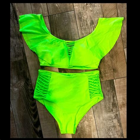 Tinibikini Swim Tini Bikini Neon Ribbed High Waist Off Shoulder