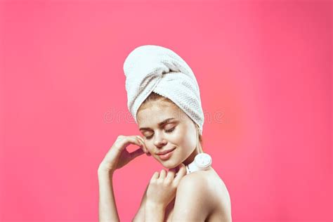 Pretty Woman With Closed Eyes Naked Shoulders Enjoyment Massager Pink Background Stock Photo