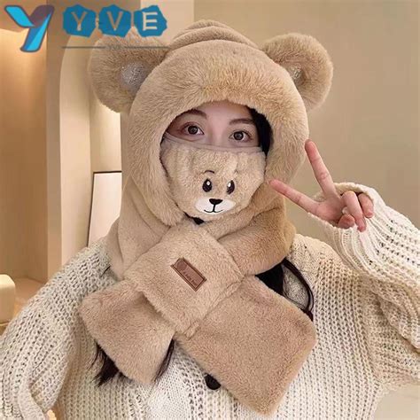 YVE Hat Scarf Set With Face Cute Bear Shape Ear Protection Hat