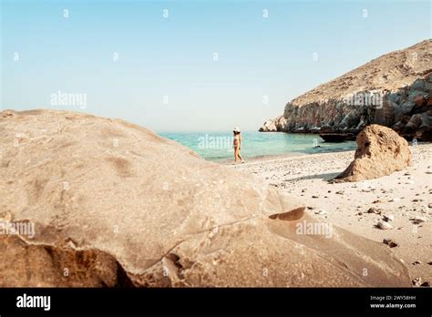 Aerial View Isolated Tourist Woman In Bikini Walk On White Sand Beach