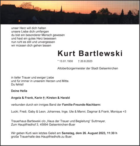 Traueranzeigen Von Kurt Bartlewski Trauer In Nrw De