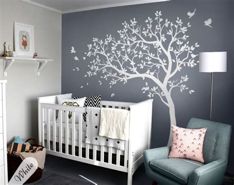 White Tree Wall Decal With Leaves And