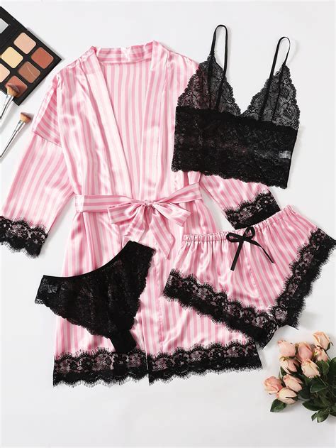 Pack Striped Contrast Lace Satin Lingerie Set Robe