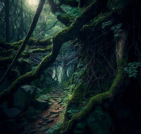 Um caminho em uma floresta escura musgo e raízes Foto Premium