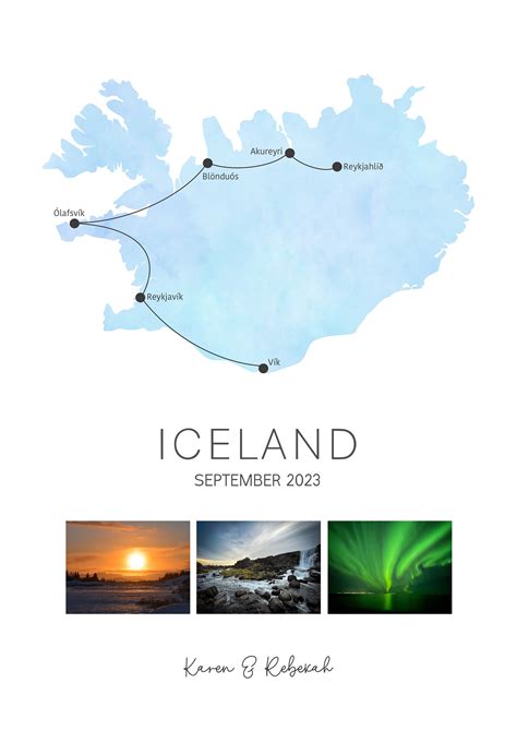 Iceland Personalised Travel Map Route Map With Photos or Flag and ...