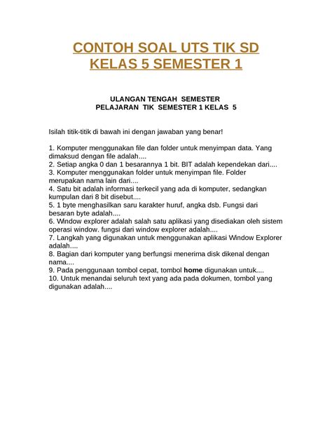 Doc Contoh Soal Uts Tik Sd Kelas Semester Dokumen Tips