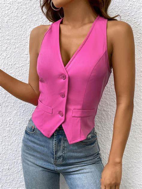 Pink Casual Collar Sem Mangas Couro PU Simples Colete Embellished