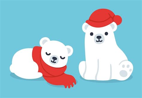 Premium Vector Cute Cartoon Polar Bear Cubs With Warm Hat And Scarf