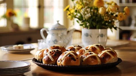 Hot Cross Buns In English Country Cottage Good Friday Religious Holiday And British Cuisine