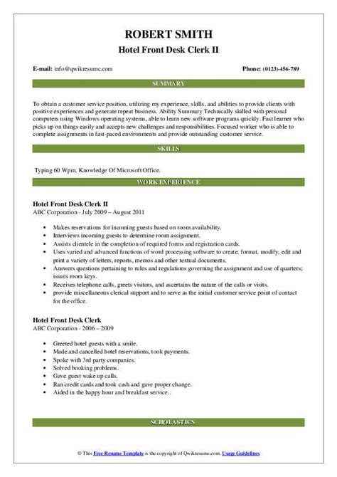 Hotel Front Desk Clerk Resume Samples Qwikresume