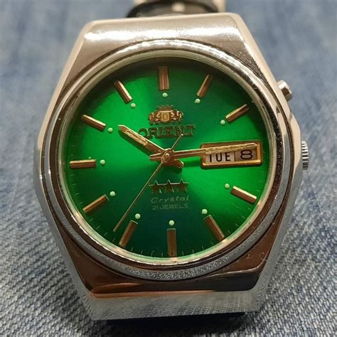 Vintage Orient Star Crystal Jewels Emerald Green Automatic Men S