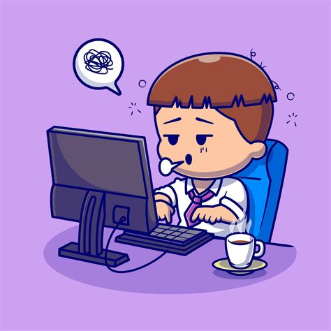 Cute People Tired Working On Computer Cartoon Vector Icon Illustration