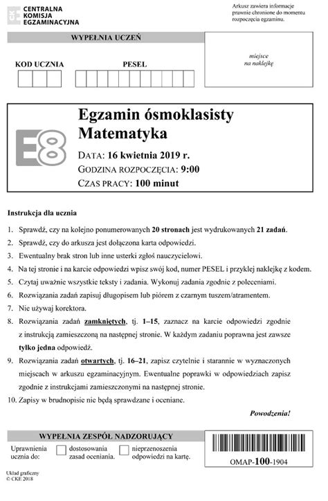 Egzamin ósmoklasisty 2019 Matematyka arkusz egzaminacyjny CKE Nowiny