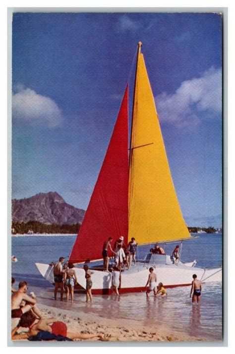 Vintage S Mid Century Postcard Big Sailing Catamaran Honolulu