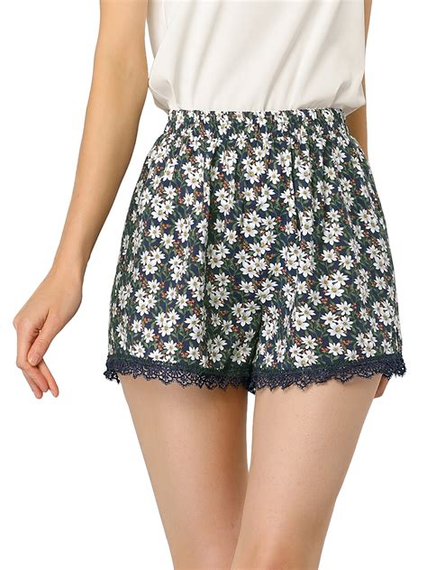 Allegra K Womens Floral Printed Lace Trim Elastic Waist Shorts