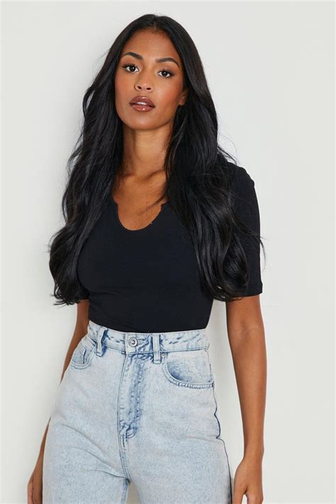 Black Tall Recycled Notch Short Sleeve Bodysuit Boohoo Uk