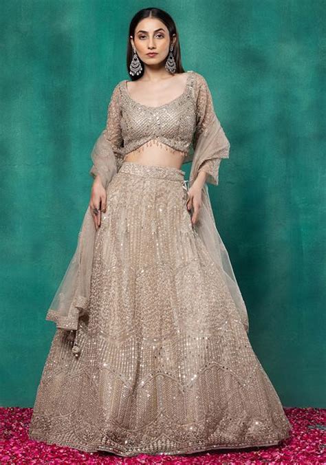 Buy Women Beige Sequin Embellished Mesh Lehenga Set With Mirror