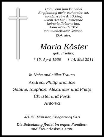 Traueranzeigen von Maria Köster trauer ms