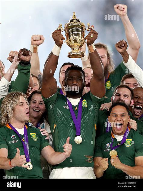 South Africa's Siya Kolisi lifts the Webb Ellis cup after South After ...