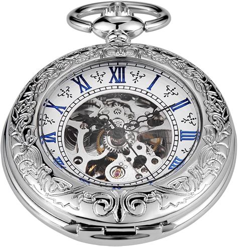 Tiong Simple Silver Mechanical Pocket Watch Men S Roman Numerals