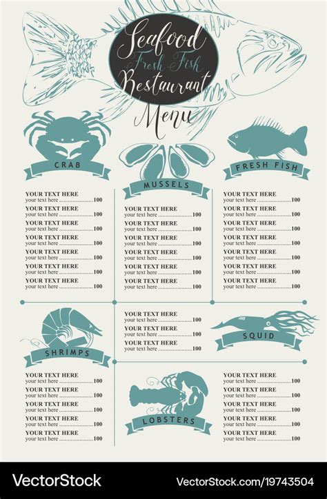 Seafood Hand Drawn Marine Fresh Fishes Gourmet Food Design Restaurant